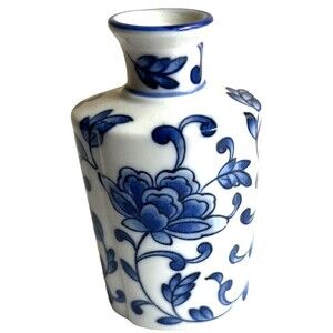 Pier 1 Imports Vase Vintage 80s Ceramic Mini Single Flower Bud White Blue Floral